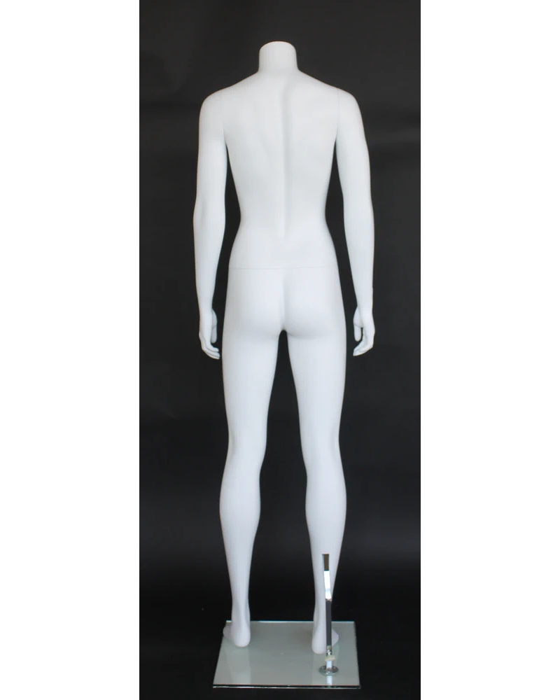 Athletic headless female mannequin with arms at sides in matte white