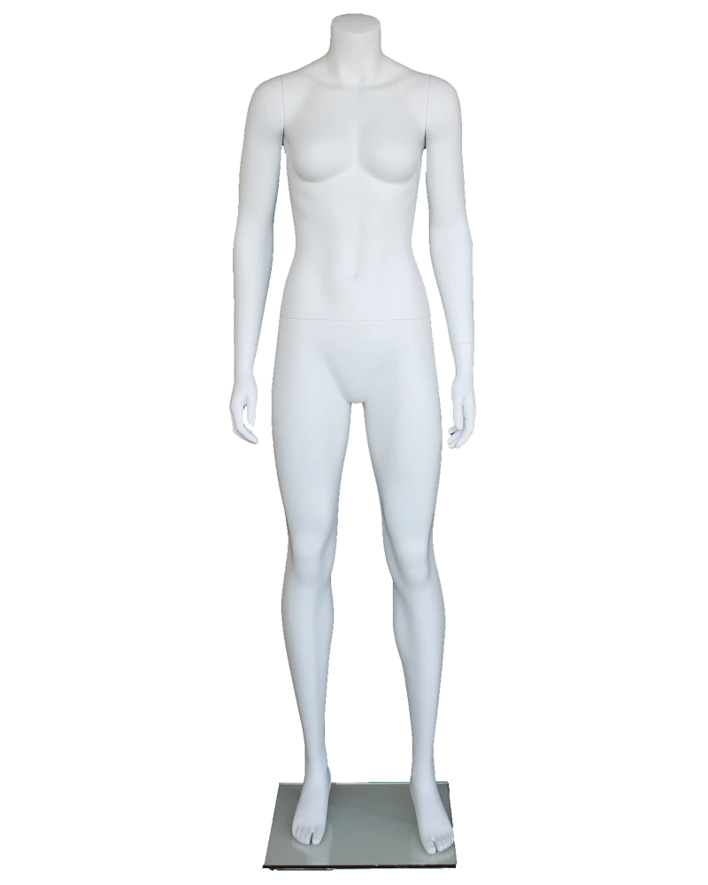 Athletic headless female mannequin with arms at sides in matte white