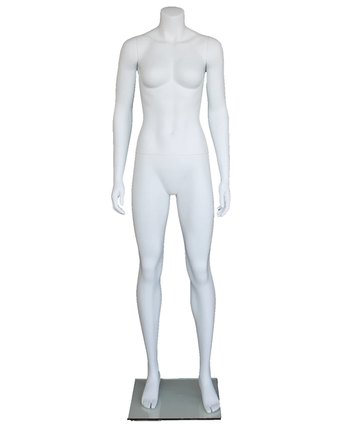 Athletic headless female mannequin with arms at sides in matte white
