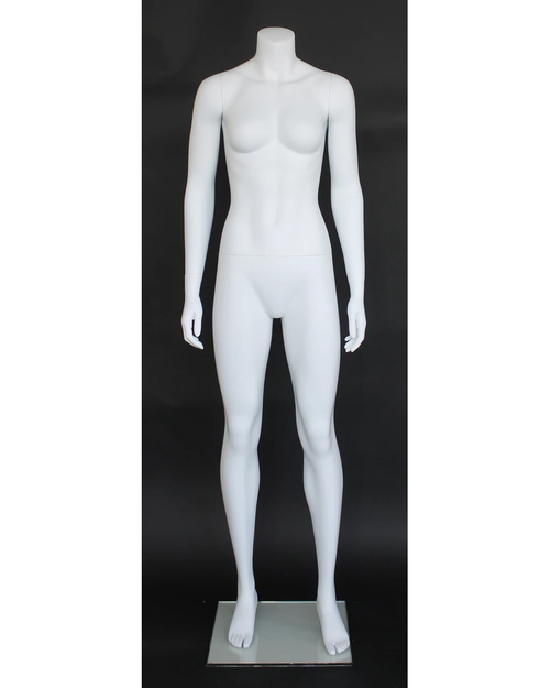 Athletic headless female mannequin with arms at sides in matte white