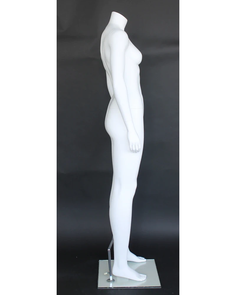 Athletic headless female mannequin with arms at sides in matte white