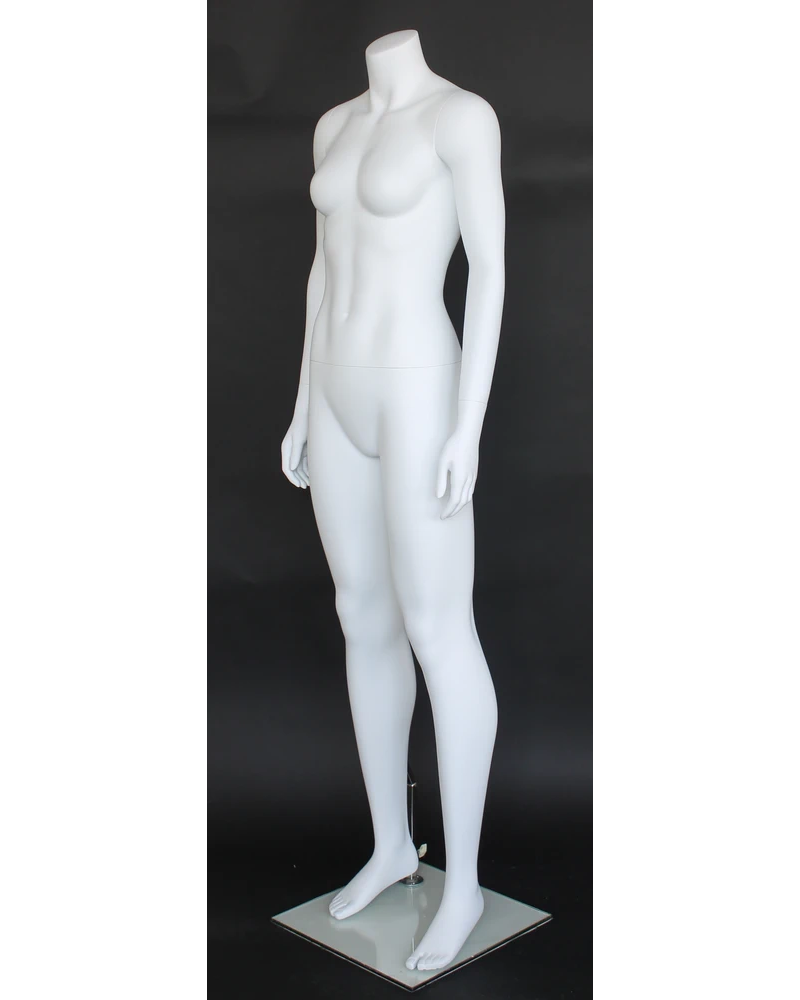 Athletic headless female mannequin with arms at sides in matte white