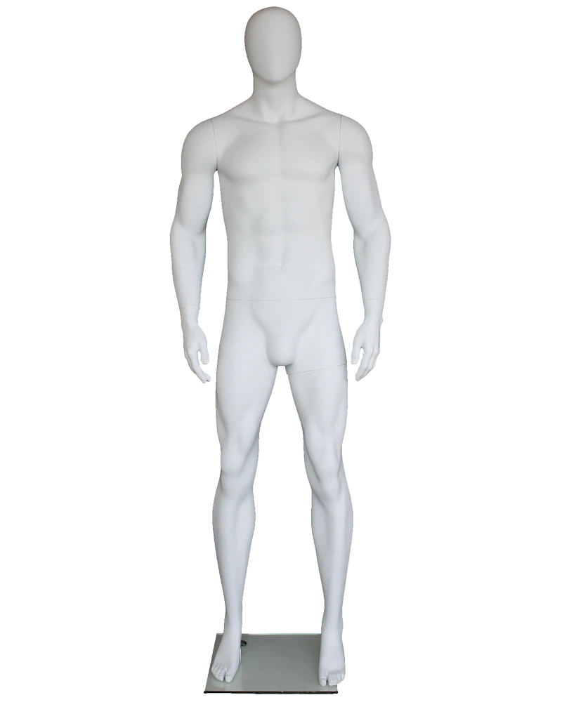 Tall athletic arms-at-sides egghead male mannequin in matte white, SFM52E-WT