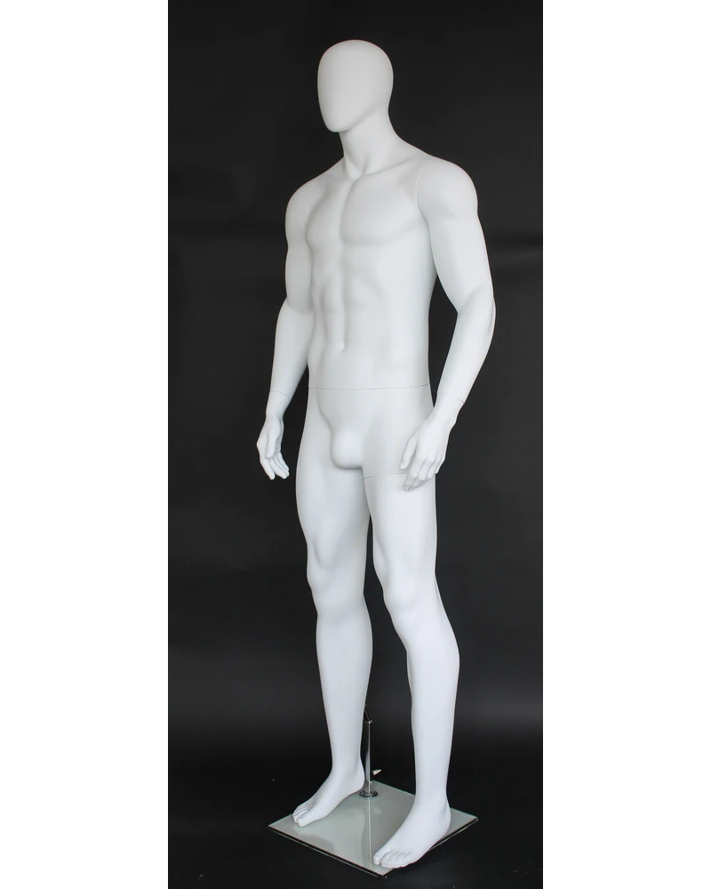 Tall athletic arms-at-sides egghead male mannequin in matte white, SFM52E-WT