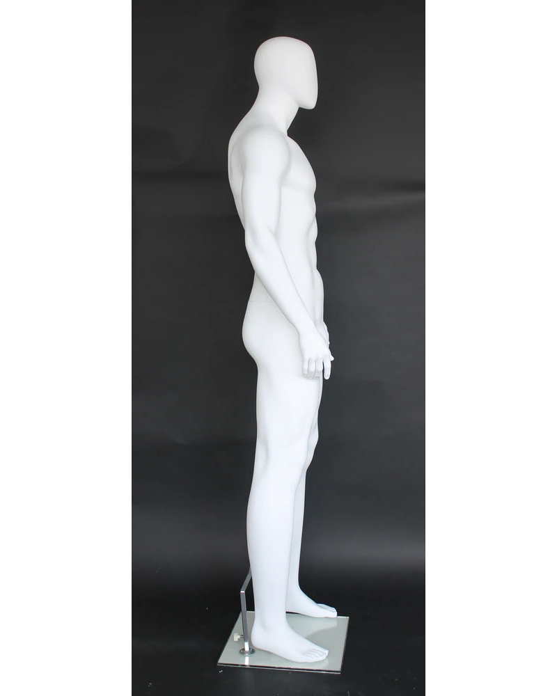Tall athletic arms-at-sides egghead male mannequin in matte white, SFM52E-WT