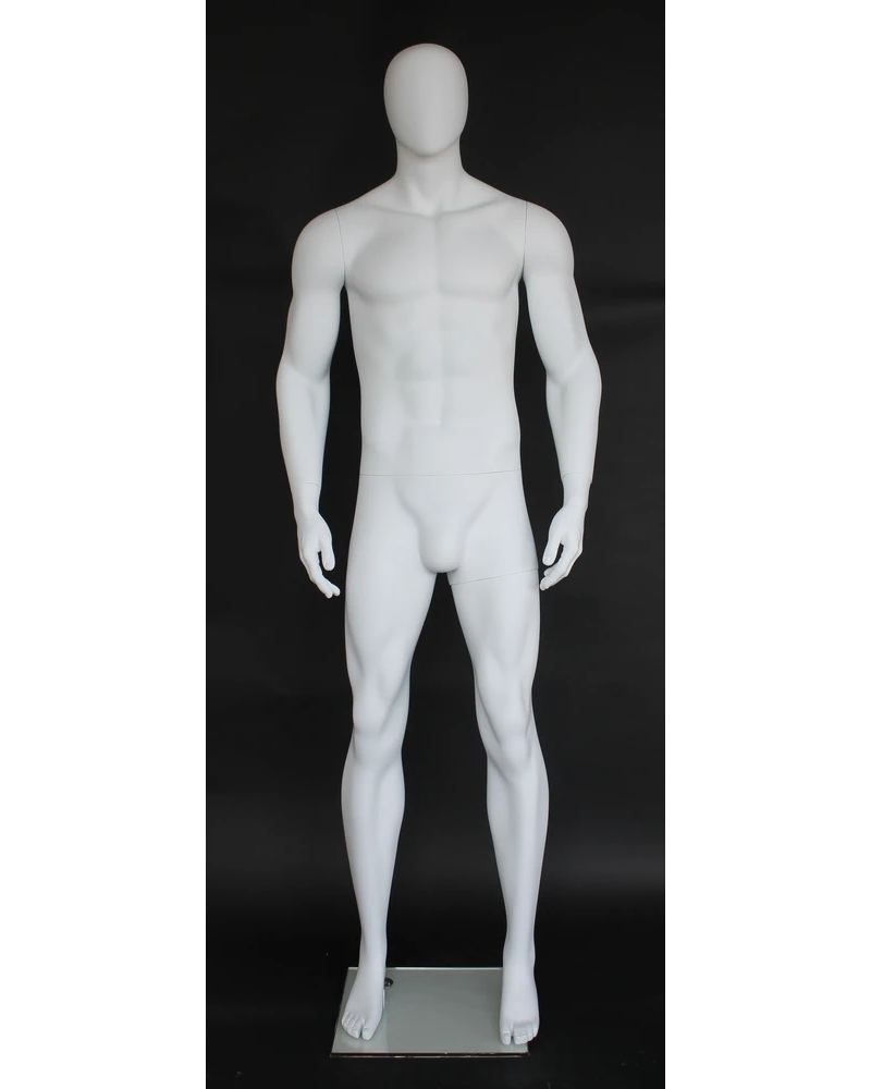 Tall athletic arms-at-sides egghead male mannequin in matte white, SFM52E-WT