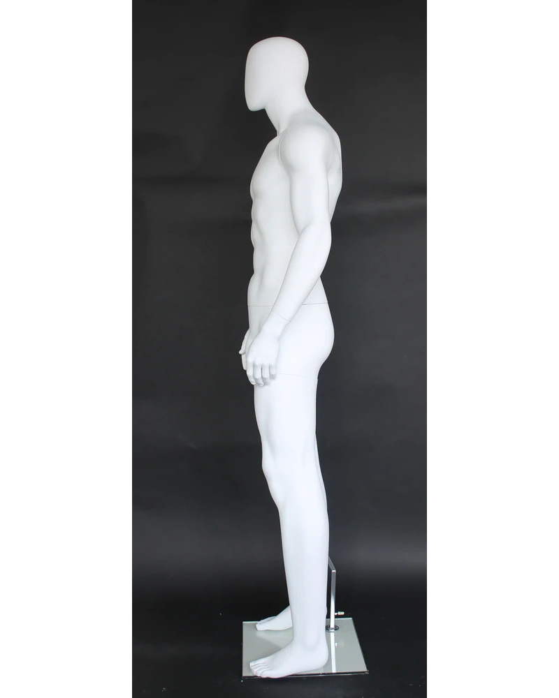 Tall athletic arms-at-sides egghead male mannequin in matte white, SFM52E-WT