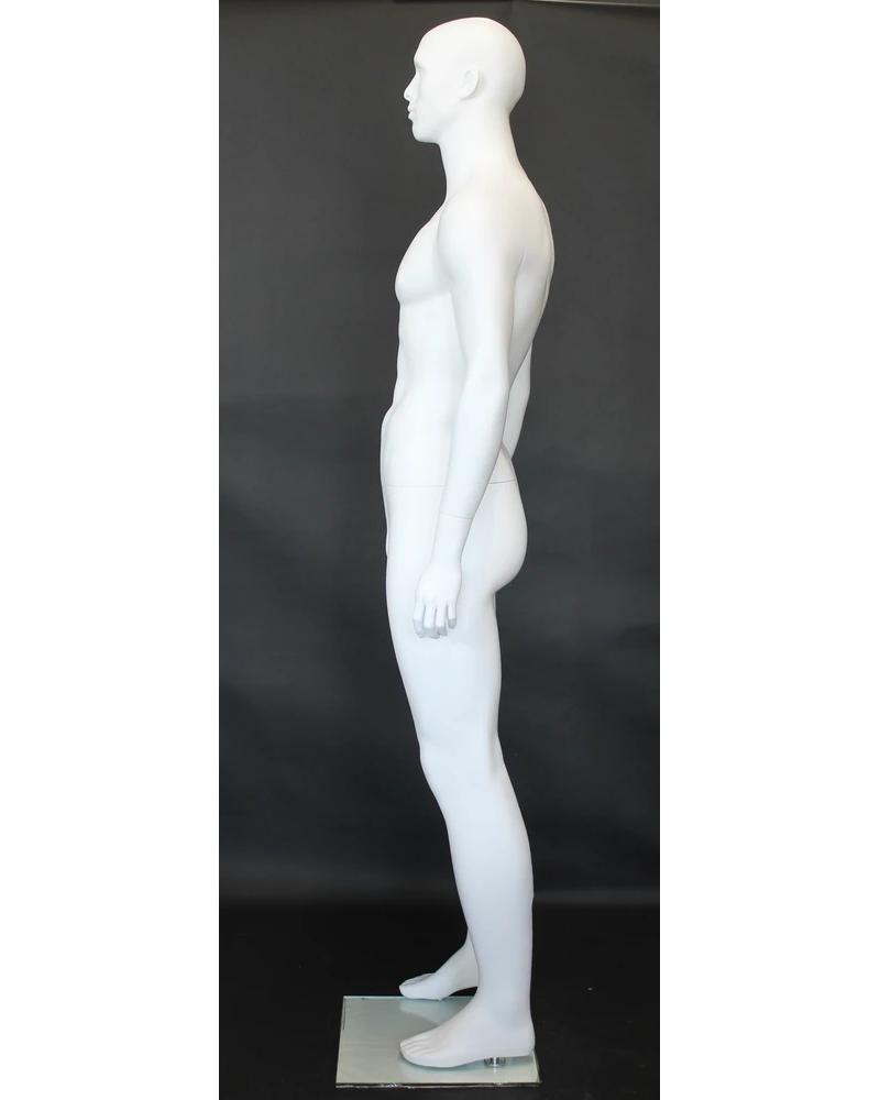 Muscular bald-head featured-face male mannequin in matte white, SFM6-WT