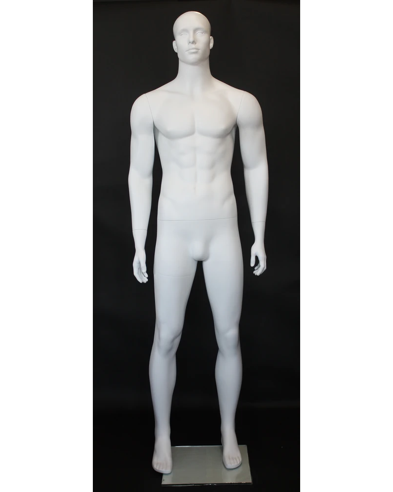 Muscular bald-head featured-face male mannequin in matte white, SFM6-WT