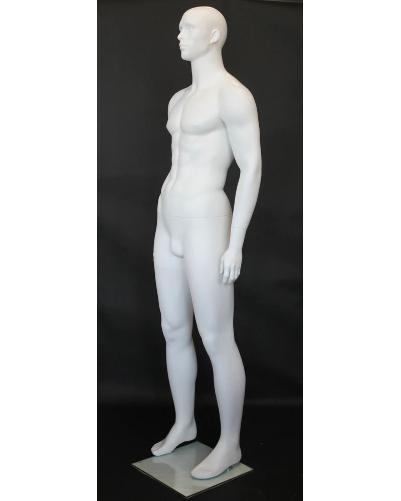 Muscular bald-head featured-face male mannequin in matte white, SFM6-WT