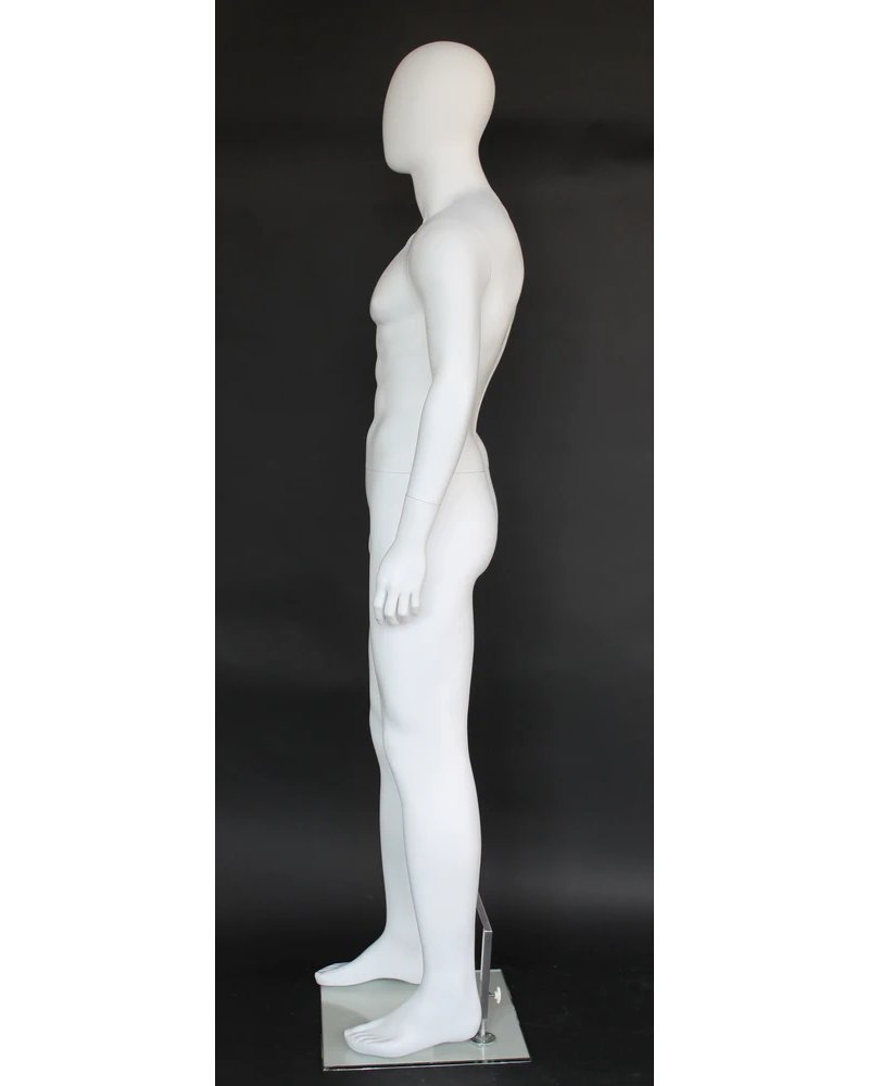 Muscular arms-at-sides egghead male mannequin in matte white, SFM29E-WT