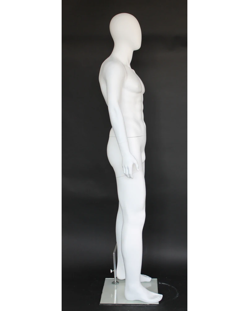 Muscular arms-at-sides egghead male mannequin in matte white, SFM29E-WT