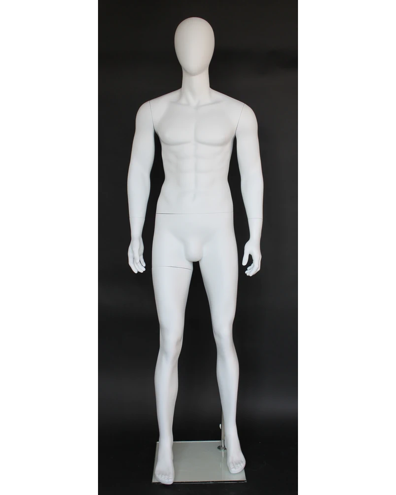 Muscular arms-at-sides egghead male mannequin in matte white, SFM29E-WT