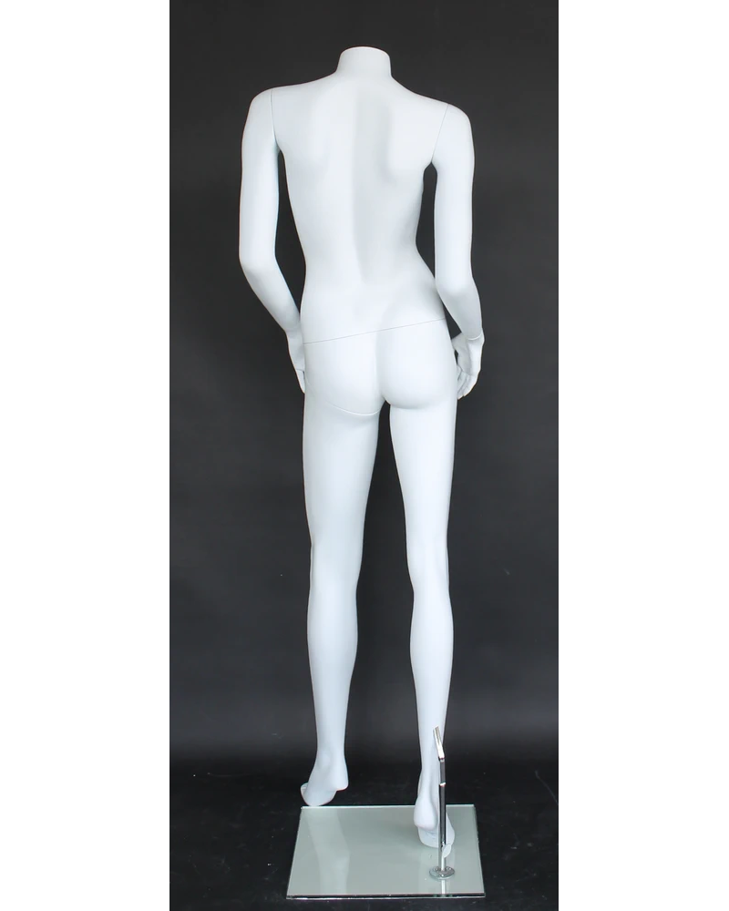 Headless female mannequin with right arm behind back in matte white