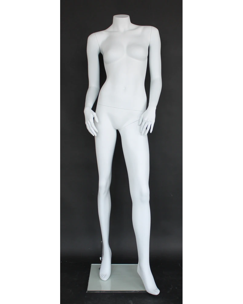 Headless female mannequin with right arm behind back in matte white