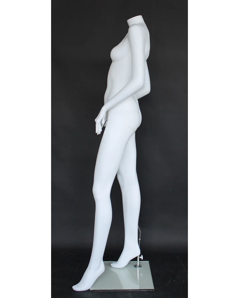 Headless female mannequin with right arm behind back in matte white