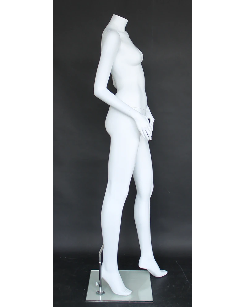 Headless female mannequin with right arm behind back in matte white