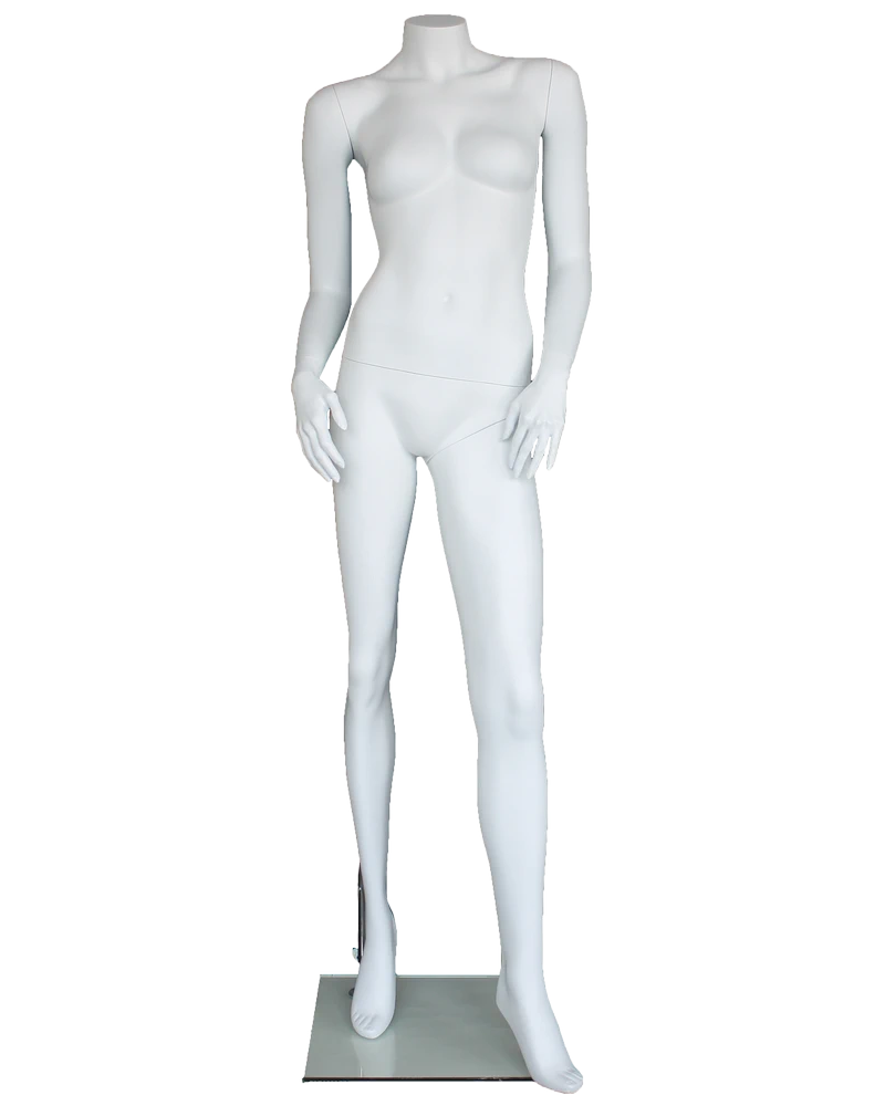 Headless female mannequin with right arm behind back in matte white