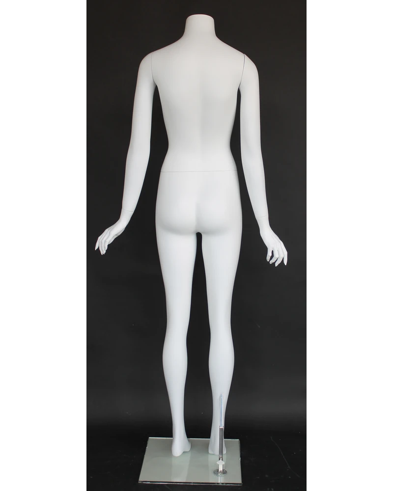 Headless female mannequin with arms at sides in matte white