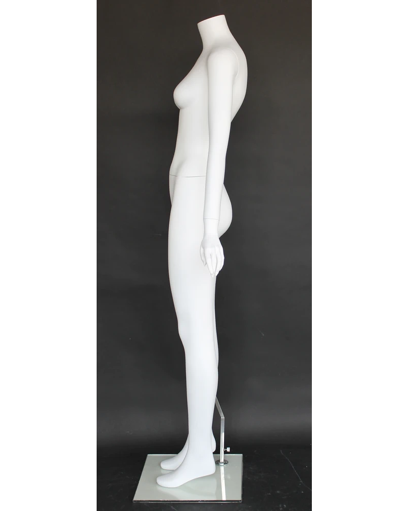 Headless female mannequin with arms at sides in matte white