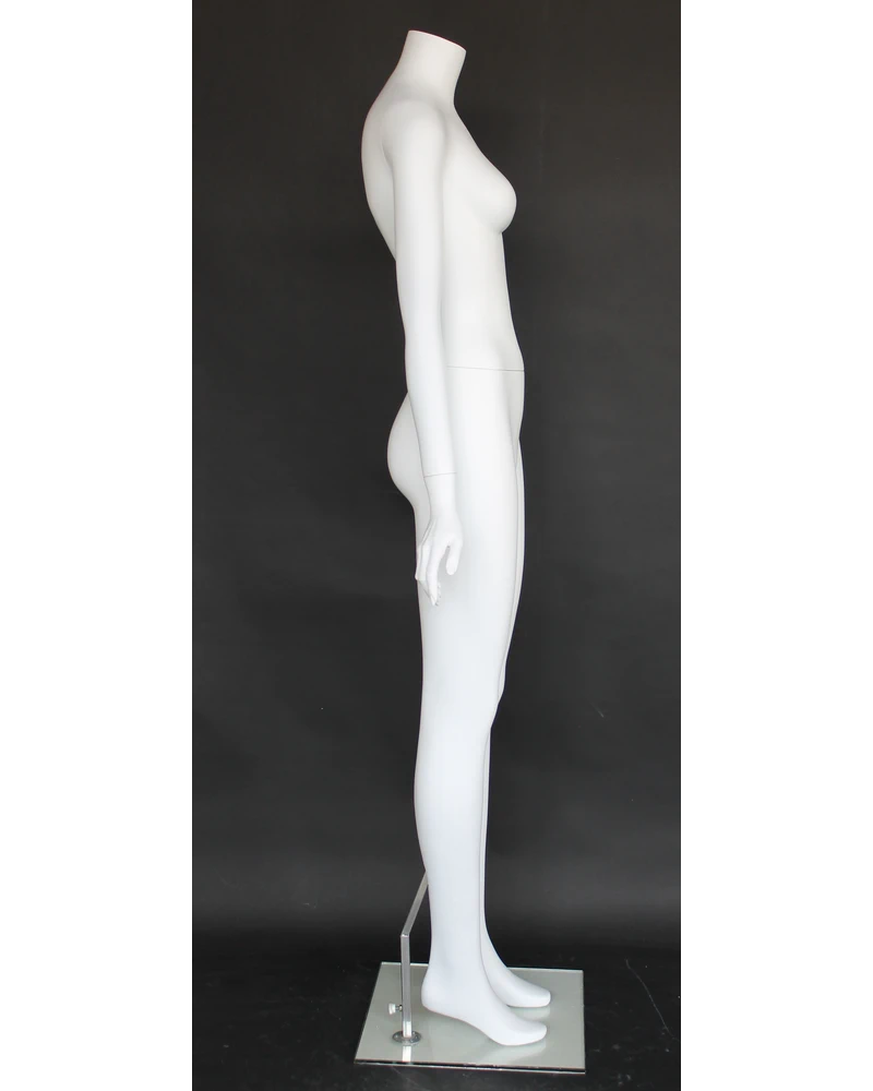 Headless female mannequin with arms at sides in matte white