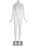 Headless female mannequin with arms at sides in matte white