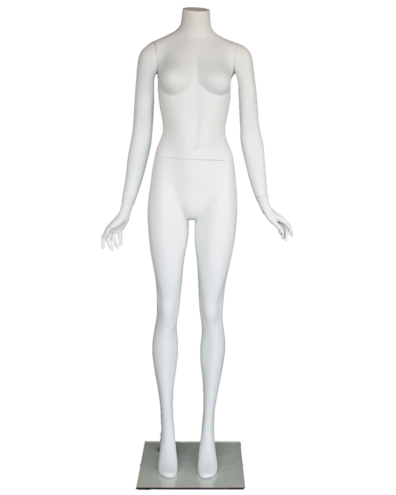 Headless female mannequin with arms at sides in matte white