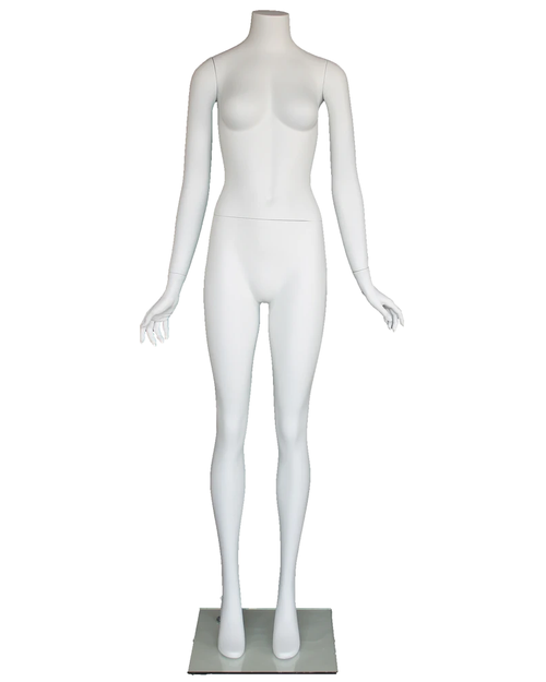 Headless female mannequin with arms at sides in matte white