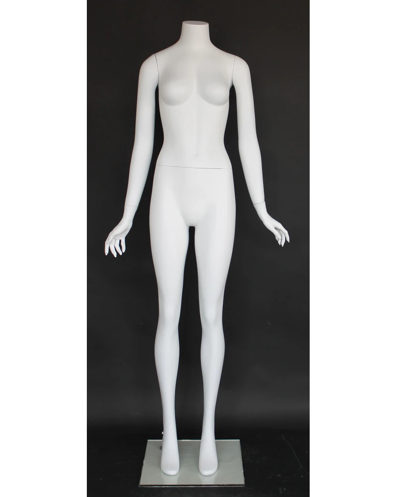 Headless female mannequin with arms at sides in matte white