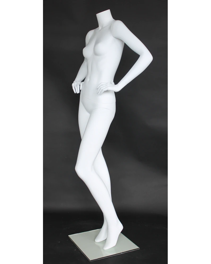 Headless female mannequin with both hands on hips in matte white