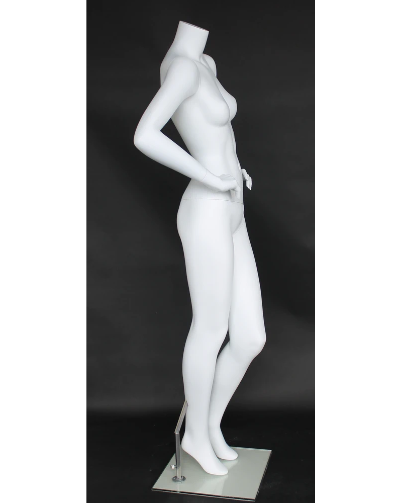 Headless female mannequin with both hands on hips in matte white