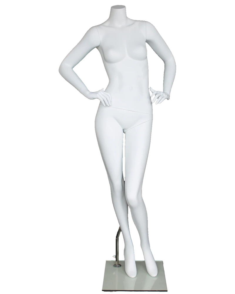 Headless female mannequin with both hands on hips in matte white