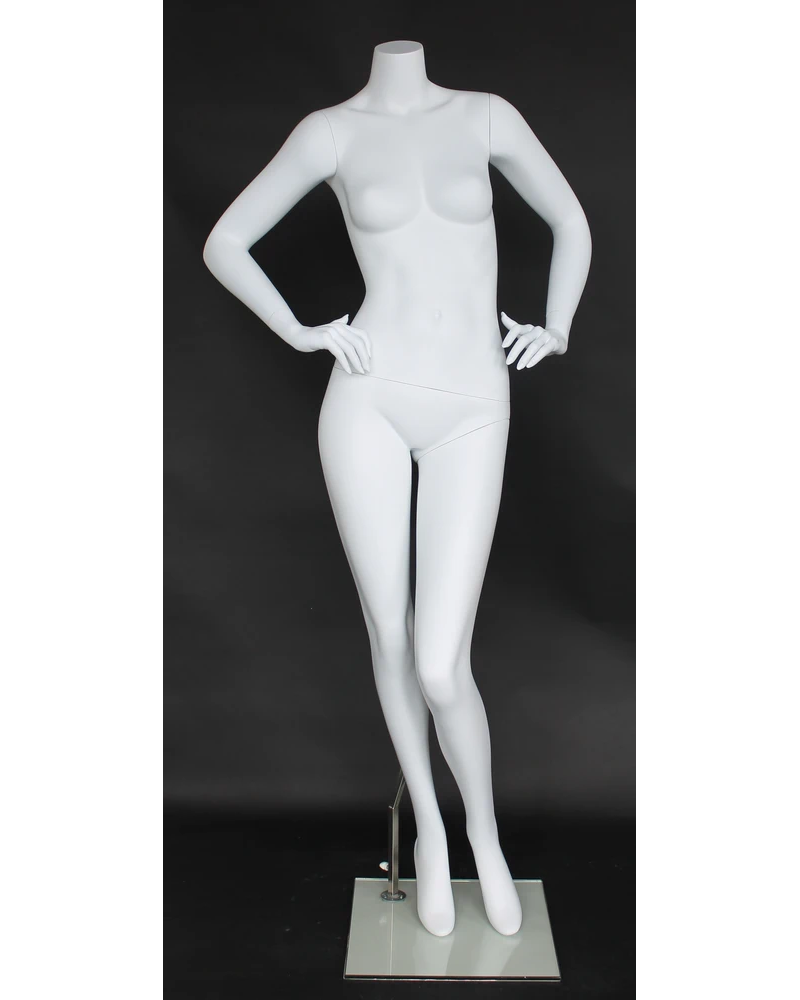 Headless female mannequin with both hands on hips in matte white