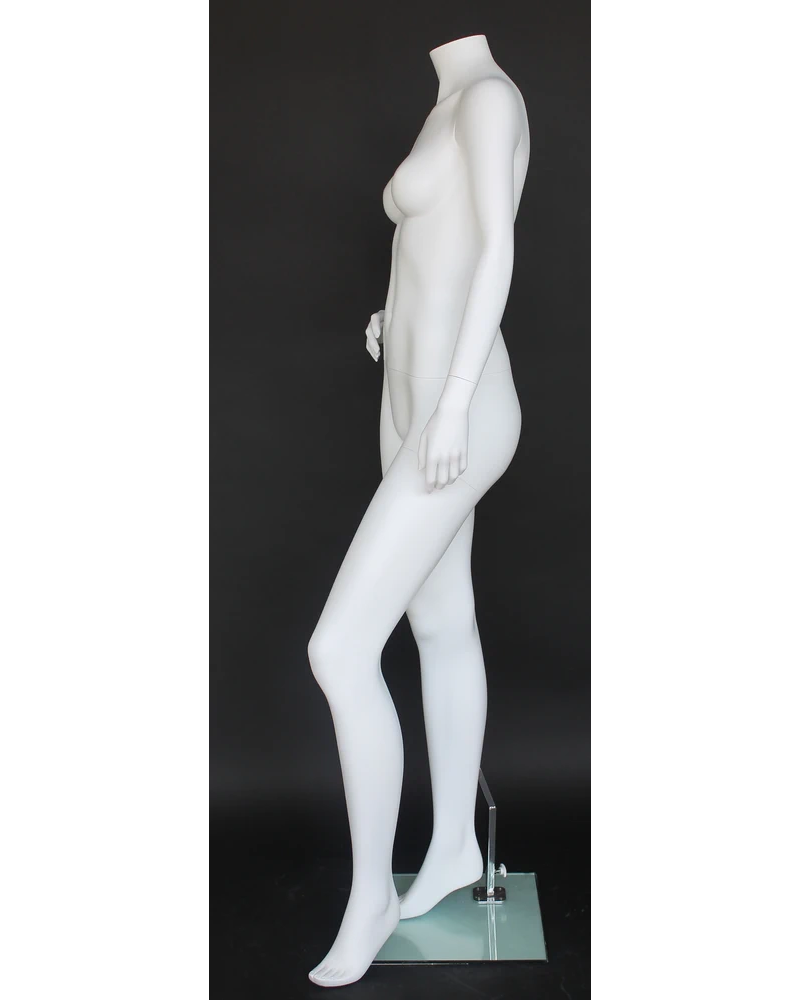 Headless female mannequin with right hand on waist in matte white