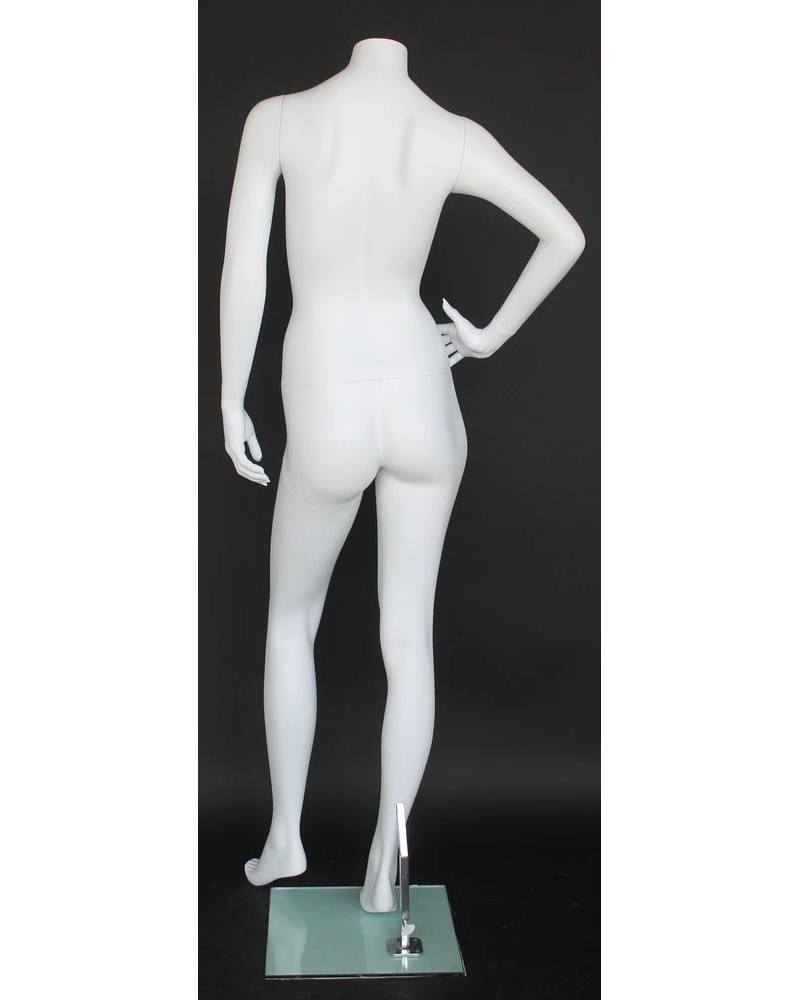 Headless female mannequin with right hand on waist in matte white