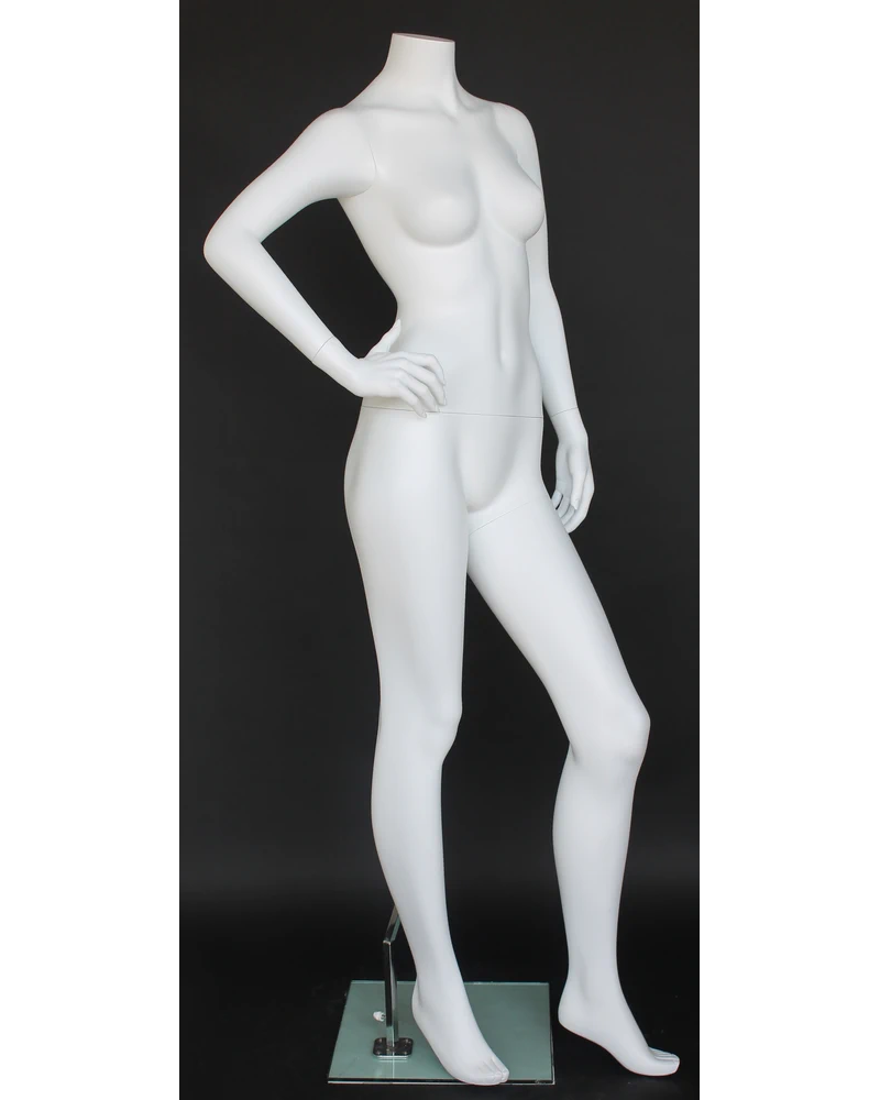 Headless female mannequin with right hand on waist in matte white