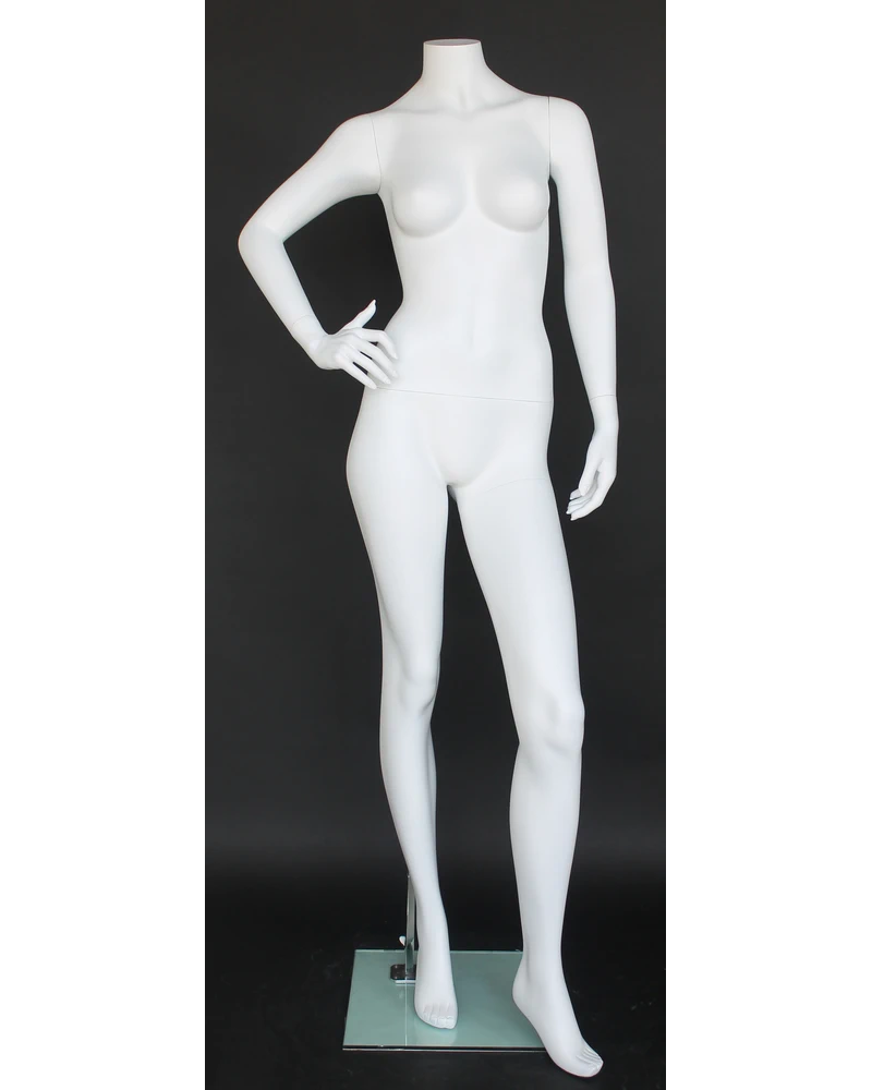 Headless female mannequin with right hand on waist in matte white