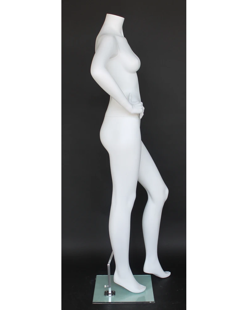 Headless female mannequin with right hand on waist in matte white