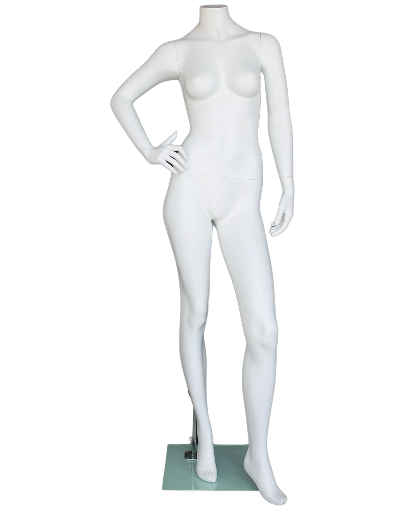 Headless female mannequin with right hand on waist in matte white