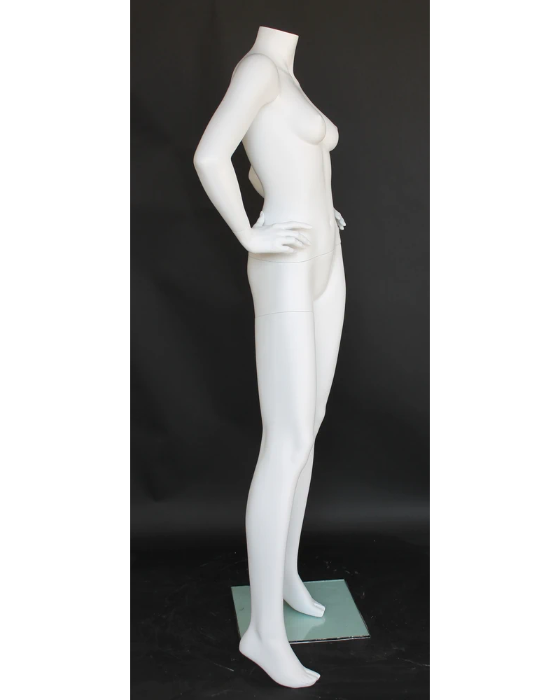 Wide-stance headless female mannequin with hands on hips in matte white