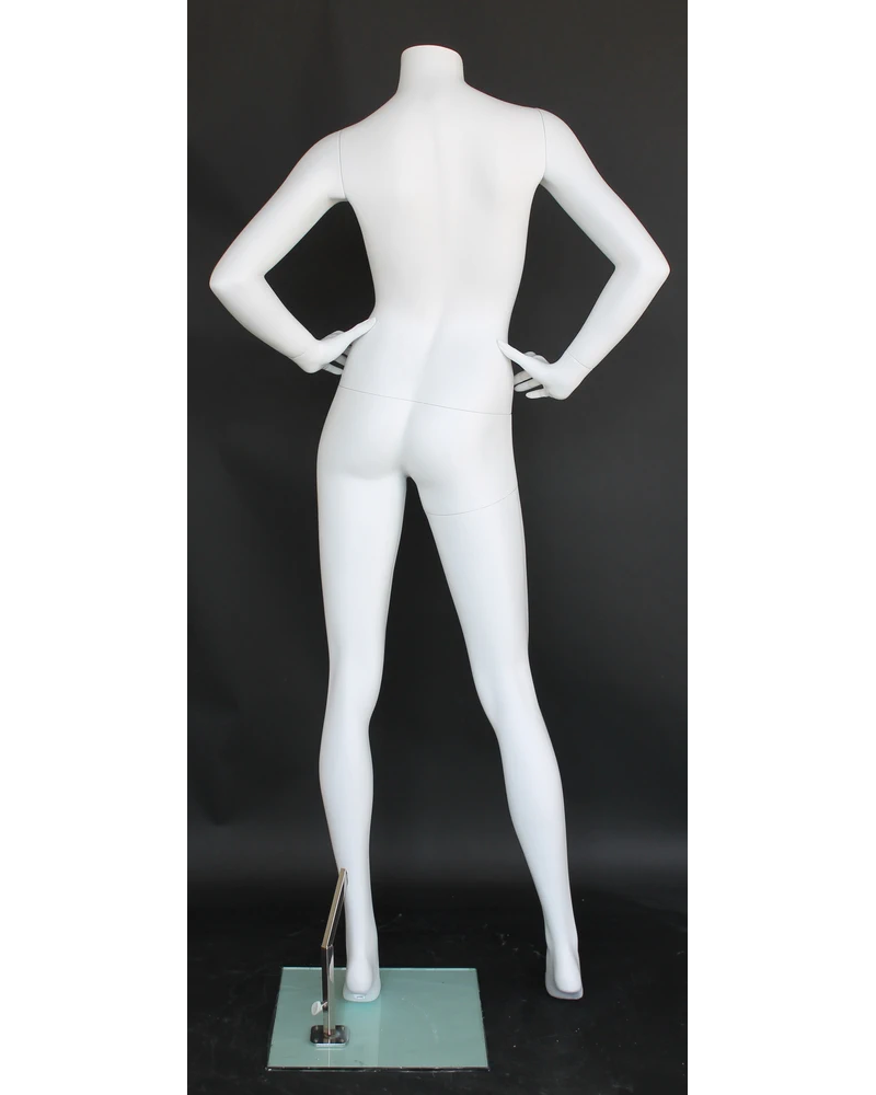 Wide-stance headless female mannequin with hands on hips in matte white