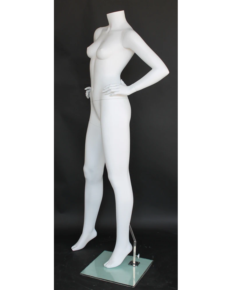 Wide-stance headless female mannequin with hands on hips in matte white