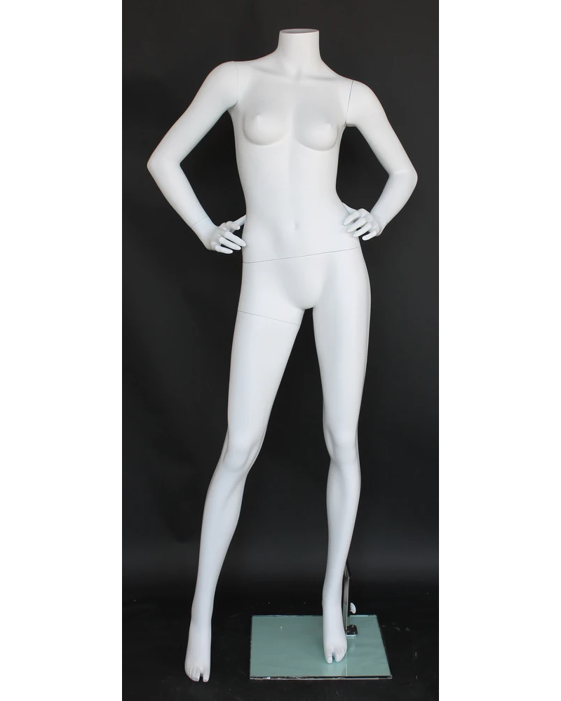Wide-stance headless female mannequin with hands on hips in matte white