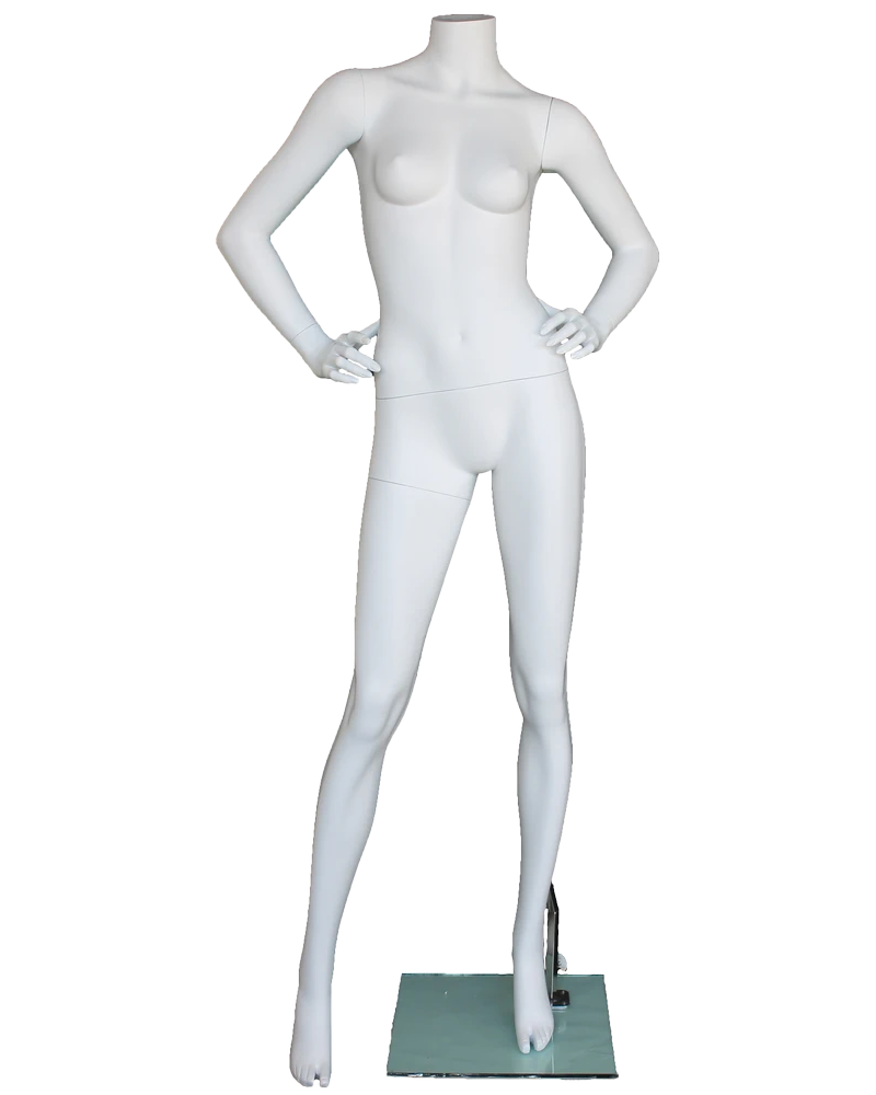 Wide-stance headless female mannequin with hands on hips in matte white