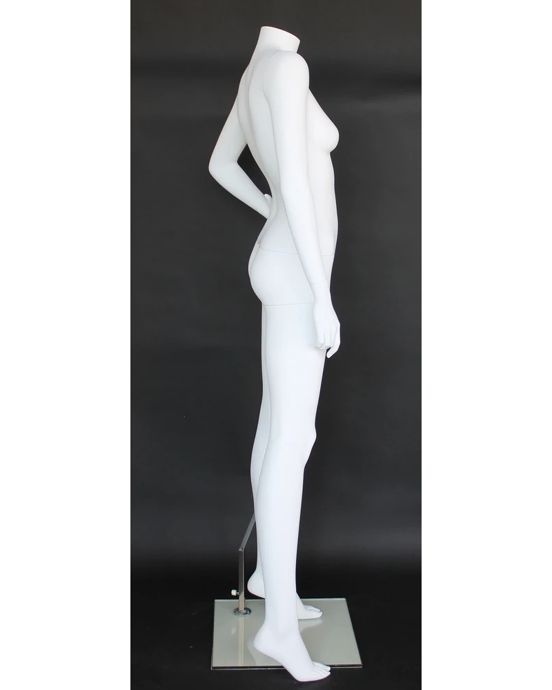 Headless female mannequin with left hand on waist in matte white