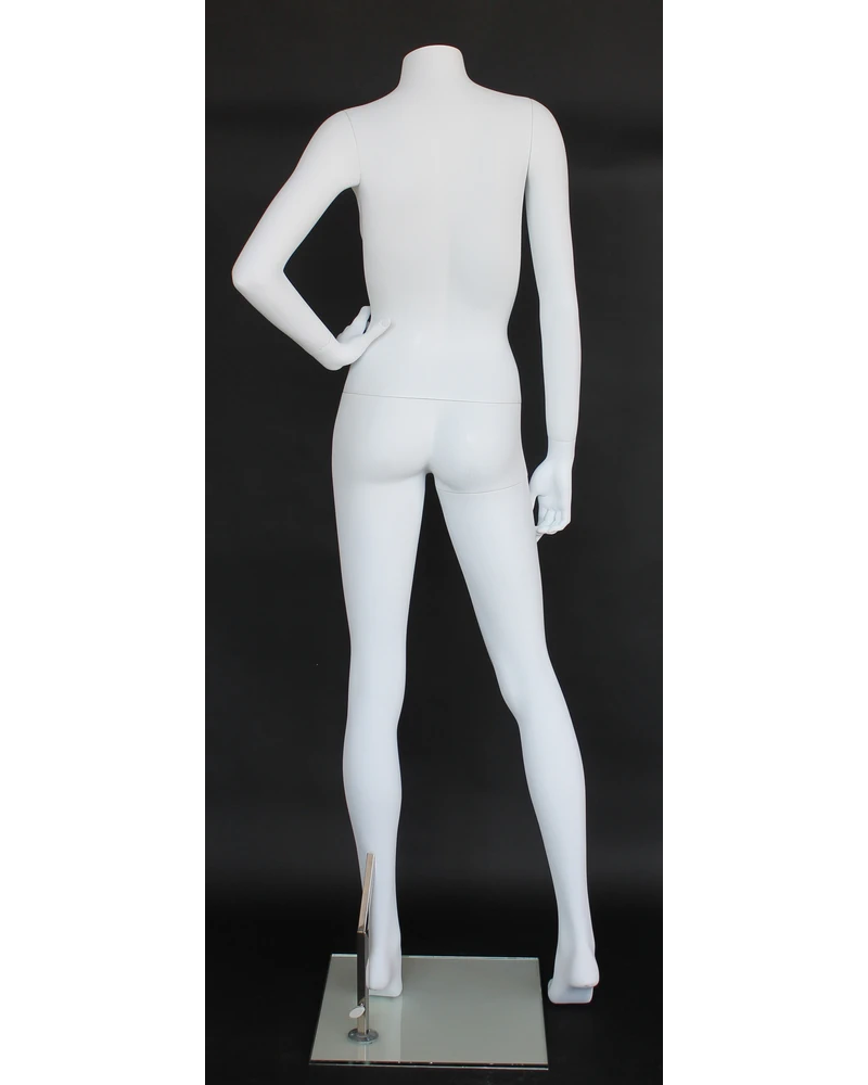 Headless female mannequin with left hand on waist in matte white