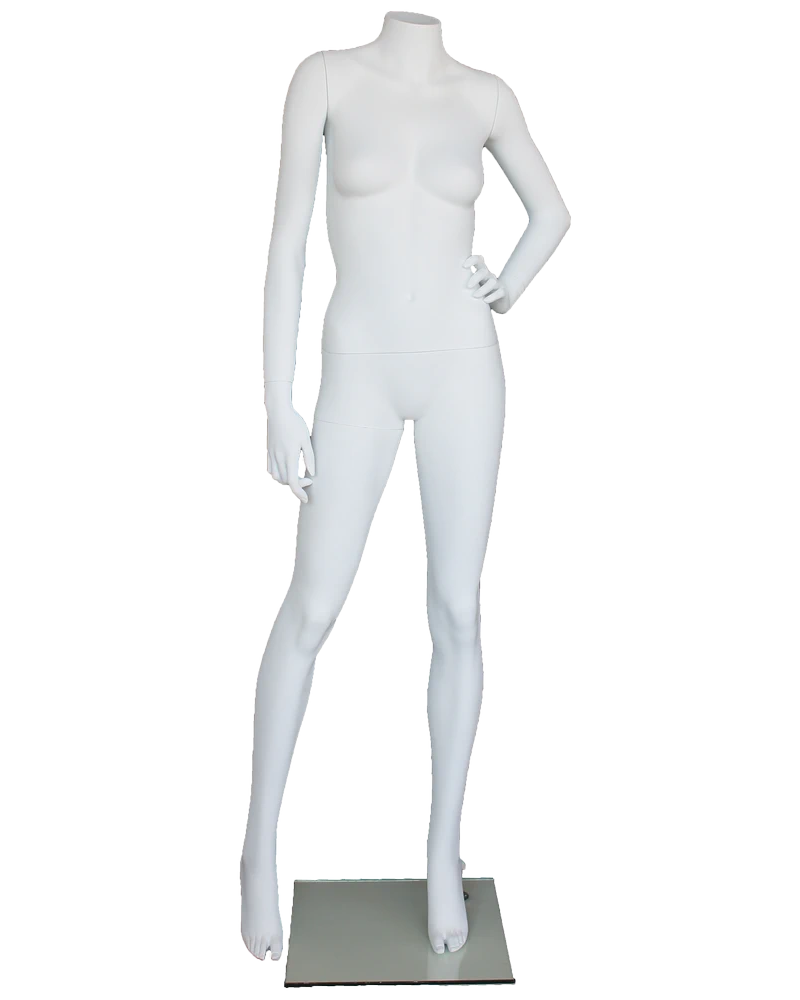 Headless female mannequin with left hand on waist in matte white