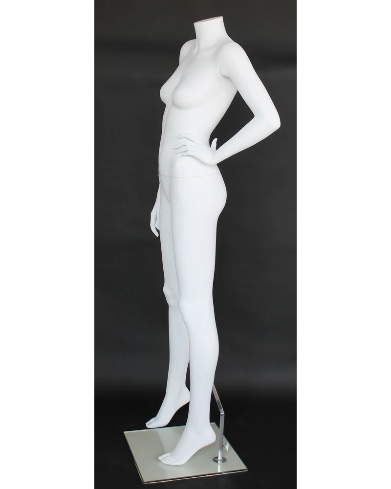 Headless female mannequin with left hand on waist in matte white