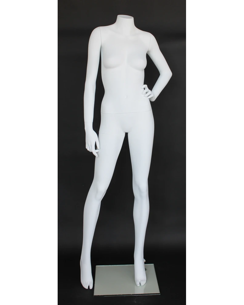 Headless female mannequin with left hand on waist in matte white