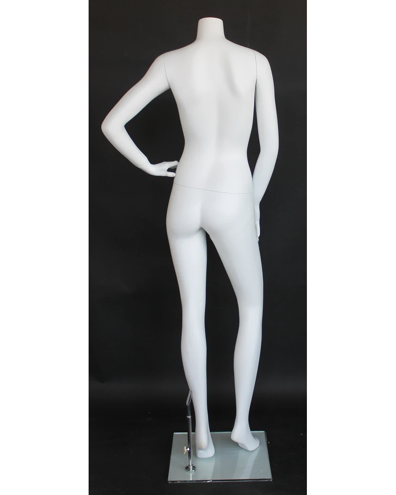 Headless female mannequin with left hand on hip in matte white